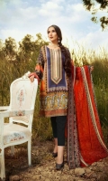 Digital and Embroidered Lawn Front  Digital Printed  Lawn Back   Digital Printed Chiffon Dupatta  Dyed Cotton Trouser