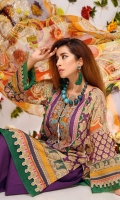 Digital Printed & Embroidered Lawn Front  Digital Printed Lawn Back  Digital Printed Lawn Sleeves  Digital Printed Chiffon Dupatta  Dyed Cotton Trouser