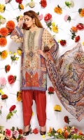 Digital Printed & Embroidered Lawn Front  Digital Printed Lawn Back  Digital Printed Lawn Sleeves  Digital Printed Chiffon Dupatta  Dyed Cotton Trouser