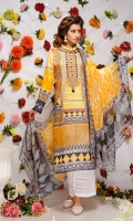 Digital Printed & Embroidered Lawn Front  Digital Printed Lawn Back  Digital Printed Lawn Sleeves  Digital Printed Chiffon Dupatta  Dyed Cotton Trouser