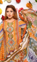 Digital Printed & Embroidered Lawn Front  Digital Printed Lawn Back  Digital Printed Lawn Sleeves  Digital Printed Chiffon Dupatta  Dyed Cotton Trouser