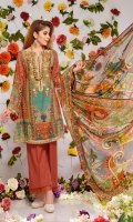 Digital Printed & Embroidered Lawn Front  Digital Printed Lawn Back  Digital Printed Lawn Sleeves  Digital Printed Chiffon Dupatta  Dyed Cotton Trouser