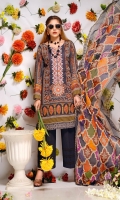 Digital Printed & Embroidered Lawn Front  Digital Printed Lawn Back  Digital Printed Lawn Sleeves  Digital Printed Chiffon Dupatta  Dyed Cotton Trouser