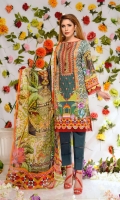 Digital Printed & Embroidered Lawn Front  Digital Printed Lawn Back  Digital Printed Lawn Sleeves  Digital Printed Chiffon Dupatta  Dyed Cotton Trouser