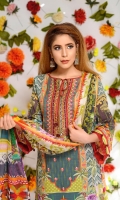 Digital Printed & Embroidered Lawn Front  Digital Printed Lawn Back  Digital Printed Lawn Sleeves  Digital Printed Chiffon Dupatta  Dyed Cotton Trouser
