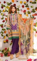 Digital Printed & Embroidered Lawn Front  Digital Printed Lawn Back  Digital Printed Lawn Sleeves  Digital Printed Chiffon Dupatta  Dyed Cotton Trouser
