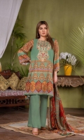 Digital and Embroidered Lawn Front  Digital Printed Back Lawn  Digital printed Sleeves Lawn  Digital printed Chiffon Dupatta  Dyed Cotton Trousers