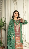 Digital printed  & Embroidered Lawn Front Digital Printed Lawn Sleeves Digital printed Lawn Back Schiffli Embroidered Chiffon Dupatta Dyed Cotton Trouser