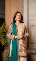 Front : Embroidered Chiffon Hand Embellished (0.8 M) Back: Embroidered Chiffon (0.8 M) Sleeves: Embroidered &Hand Embellished Chiffon (0.66 M) Dupatta: Embroidered Chiffon (2.5 M) Trouser: Raw silk...