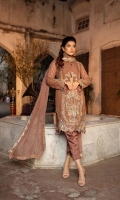 Front : Embroidered Chiffon Hand Embellished (0.8 M) Back: Embroidered Chiffon (0.8 M) Sleeves: Embroidered Chiffon (0.66 M) Dupatta: Embroidered Chiffon (2.5 M) Trouser: Raw silk (2.5 Y)...