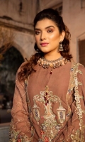 Front : Embroidered Chiffon Hand Embellished (0.8 M) Back: Embroidered Chiffon (0.8 M) Sleeves: Embroidered Chiffon (0.66 M) Dupatta: Embroidered Chiffon (2.5 M) Trouser: Raw silk (2.5 Y)...