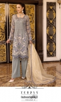 EMBROIDERED CHIFFON FRONT WITH H.M WORK.              1 YDS  EMBROIDERED CHIFFON BACK.            1 YDS  EMBROIDERED CHIFFON SLEEVES.          0.67 YDS  EMBROIDERED GHERA LACE.            2 YDS  EMBROIDERED AURGENZA FOUR SIDE BODER READY.          2.5 YDS  DUPATTA GRIP SILK TROUSER.            2.5 YDS