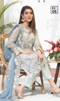 EMBROIDERED AURGENZA FRONT.  1 YDS  EMBROIDERED AURGENZA BACK.  1 YDS  EMBROIDERED AURGENZA SLEEVES.  0.67 YDS  EMBROIDERED GHERA LACE.  2 YDS  EMBROIDERED SLEEVES LACE    1 YDS  EMBROIDERED WEIGHTLESS CHIFFON DUPATTA.    2 .5 YDS  GRIP SILK TROUSER.    2.5 YDS