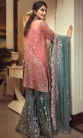 EMBROIDERED CHIFFON FRONT WITH HANDMADE WORK  EMBROIDERED GALA WITH HANDMADE WORK  EMBROIDERED CHIFFON BACK  EMBROIDERED CHIFFON SLEEVES HANDMADE WORK  EMBROIDERED GHERA LACE  EMBROIDERED SLEEVE LACE  EMBROIDERED CHIFFON DUPATTA  EMBROIDERED NET SHARARA GRIP SILK TROUSER