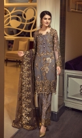 EMBROIDERED CHIFFON FRONT WITH HANDMADE WORK  EMBROIDERED CHIFFON BACK  EMBROIDERED CHIFFON SLEEVES WITH HANDMADE WORK  EMBROIDERED GHERA LACE  EMBROIDERED SLEEVE LACE  EMBROIDERED CHIFFON DUPATTA  EMBROIDERED GRIP SILK TROUSE