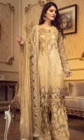 EMBROIDERED CHIFFON FRONT WITH HANDMADE WORK  EMBROIDERED CHIFFON BACK  EMBROIDERED CHIFFON SLEEVES WITH HANDMADE WORK  EMBROIDERED GHERA LACE  EMBROIDERED SLEEVE LACE  EMBROIDERED CHIFFON DUPATTA  EMBROIDERED GRIP SILK TROUSER