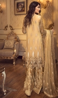 EMBROIDERED CHIFFON FRONT WITH HANDMADE WORK  EMBROIDERED CHIFFON BACK  EMBROIDERED CHIFFON SLEEVES WITH HANDMADE WORK  EMBROIDERED GHERA LACE  EMBROIDERED SLEEVE LACE  EMBROIDERED CHIFFON DUPATTA  EMBROIDERED GRIP SILK TROUSER