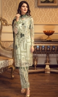 EMBROIDERED CHIFFON FRONT WITH 3D FLOWERS  EMBROIDERED GALA WITH 3D FLOWERS  EMBROIDERED CHIFFON BACK  EMBROIDERED CHIFFON SLEEVES  EMBROIDERED GHERA LACE  EMBROIDERED SLEEVE LACE  EMBROIDERED CHIFFON DUPATTA  EMBROIDERED GRIP SILK TROUSER