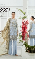 Shirt: - Embroidered and Hand Work Chiffon and Organza Dupatta: - Embroidered Chiffon Trouser: - Dyed Grip Silk with Embroidery and Embroidered Net