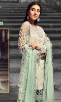 EMBROIDERED CHIFFON FRONT WITH HANDMADE WORK 1 YD EMBROIDERED GALA WITH HANDMADE WORK 1 PC EMBROIDERED CHIFFON BACK 1 YD EMBROIDERED TISSUE SLEEVES WITH CUT WORK 2 PCS EMBROIDERED GHERA LACE 2 YDS EMBROIDERED SLEEVE LACE 1 YD EMBROIDERED CHIFFON DUPATTA 2.5 YDS ZR-02 EMBROIDERED GRIP SILK TROUSER 2.5 YDS