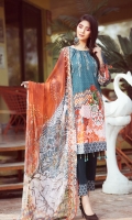 Lawn print emboridered front Lawn printed back Lawn printed sleeves Chiffon Printed emboridered Duppata Plain trouser