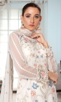 EMBROIDERED CHIFFON FRONT 1 YDS EMBROIDERED CHIFFON BACK 1 YDS EMBROIDERED CHIFFON SLEEVES 0.67 YDS EMBROIDERED GHERA LACE 2 YDS  EMBROIDERED SLEEVES LACE 1 YDS EMBROIDERED CHIFFON FOUR SIDE BODER READY DUPATTA 2.50 YDS  GRIP SILK TROUSER 2 .5 YDS
