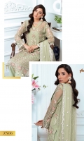 EMBROIDERED CHIFFON FRONT WITH H.M WORK 1 YDS  EMBROIDERED CHIFFON BACK 1 YDS EMBROIDERED CHIFFON SLEEVES 0.67 YDS  EMBROIDERED GHERA LACE 2 YDS  EMBROIDERED SLEEVE LACE 1 YDS  EMBROIDERED CHIFFON DUPATTA 2.5 YDS  GRIP SILK TROUSER 2.5 YDS