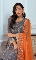 EMBROIDERED CHIFFON FRONT WITH H.M WORK 1 YDS  EMBROIDERED CHIFFON BACK 1 YDS EMBROIDERED CHIFFON SLEEVES 0.67 YDS  EMBROIDERED SLEEVE LACE 1 YDS  EMBROIDERED CHIFFON DUPATTA 2.5 YDS  GRIP SILK TROUSER 2.5 YDS