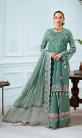EMBROIDERED CHIFFON FRONT WITH H.M WORK 1YDS  EMBROIDERED CHIFFON BACK 1YDS EMBROIDERED CHIFFON SLEEVES 0.67 YDS  EMBROIDERED GHERA LACE 2 YDS  EMBROIDERED CHIFFON DUPATTA 2.5 YDS  EMBROIDERED TROUSER LACE 2 YDS  GRIP SILK TROUSER 2.5 YDS