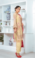 EMBROIDERED CHIFFON FRONT WITH H.M WORK 1 YDS  EMBROIDERED CHIFFON BACK 1 YDS EMBROIDERED CHIFFON SLEEVES 0.67 YDS  EMBROIDERED GHERA LACE 2 YDS  EMBROIDERED SLEEVES LACE 1YDS  EMBROIDERED CHIFFON DUPATTA 2.5 YDS  GRIP SILK TROUSER 2.5 YDS