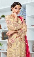 EMBROIDERED CHIFFON FRONT WITH H.M WORK 1 YDS  EMBROIDERED CHIFFON BACK 1 YDS EMBROIDERED CHIFFON SLEEVES 0.67 YDS  EMBROIDERED GHERA LACE 2 YDS  EMBROIDERED SLEEVES LACE 1YDS  EMBROIDERED CHIFFON DUPATTA 2.5 YDS  GRIP SILK TROUSER 2.5 YDS