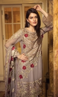 EMBROIDERED CHIFFON FRONT WITH HANDMADE WORK EMBROIDERED CHIFFON BACK EMBROIDERED CHIFFON SLEEVES EMBROIDERED GHERA LACE EMBROIDERED SLEEVES LACE EMBROIDERED CHIFFON DUPATTA EMBROIDERED GRIP SILK TROUSER
