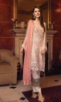 EMBROIDERED CHIFFON FRONT WITH HANDMADE WORK EMBROIDERED CHIFFON BACK EMBROIDERED CHIFFON SLEEVES EMBROIDERED GHERA LACE EMBROIDERED SLEEVE MOTIF EMBROIDERED CHIFFON DUPATTA GRIP SILK TROUSER EMBROIDERED TROUSER LACE
