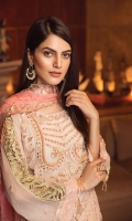 EMBROIDERED CHIFFON FRONT WITH HANDMADE WORK EMBROIDERED CHIFFON BACK EMBROIDERED CHIFFON SLEEVES EMBROIDERED GHERA LACE EMBROIDERED SLEEVE MOTIF EMBROIDERED CHIFFON DUPATTA GRIP SILK TROUSER EMBROIDERED TROUSER LACE