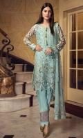 EMBROIDERED CHIFFON FRONT WITH HANDMADE WORK  EMBROIDERED CHIFFON BACK  EMBROIDERED CHIFFON SLEEVES  EMBROIDERED GHERA LACE EMBROIDERED SLEEVES LACE  EMBROIDERED CHIFFON DUPATTA  EMBROIDERED GRIP SILK TROUSER