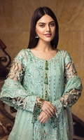 EMBROIDERED CHIFFON FRONT WITH HANDMADE WORK  EMBROIDERED CHIFFON BACK  EMBROIDERED CHIFFON SLEEVES  EMBROIDERED GHERA LACE EMBROIDERED SLEEVES LACE  EMBROIDERED CHIFFON DUPATTA  EMBROIDERED GRIP SILK TROUSER