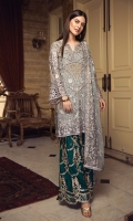 EMBROIDERED CHIFFON FRONT WITH HANDMADE WORK EMBROIDERED CHIFFON BACK EMBROIDERED CHIFFON SLEEVES EMBROIDERED GHERA LACE EMBROIDERED SLEEVE LACE EMBROIDERED CHIFFON DUPATTA EMBROIDERED GRIP SILK TROUSER