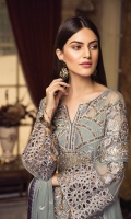 EMBROIDERED CHIFFON FRONT WITH HANDMADE WORK EMBROIDERED CHIFFON BACK EMBROIDERED CHIFFON SLEEVES EMBROIDERED GHERA LACE EMBROIDERED SLEEVE LACE EMBROIDERED CHIFFON DUPATTA EMBROIDERED GRIP SILK TROUSER