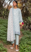 Printed Doria Lawn Shirt with Embroidered Neckline, Dyed Cambric Bottom, Printed Voile Slub Dupatta