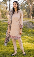 Printed Lawn Shirt with Embroidered Front, Dyed Cambric Bottom, Printed Cotton Net Dupatta