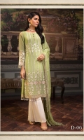 LIGHT GREEN ALL OVER EMBROIDERED LUXURY CHIFFON ENSEMBLE PAIRED WITH CONTRASTING DYED TROUSERS EMBROIDERED DUPATTA