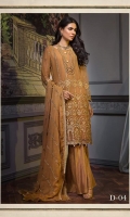 GOLD ALL OVER EMBROIDERED LUXURY CHIFFON ENSEMBLE PAIRED WITH MATCHING DYED TROUSERS EMBROIDERED DUPATTA