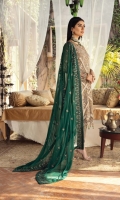 EMBROIDERED CHIFFON FRONT WITH H.M 1 YDS  WORK EMBROIDERED CHIFFON BACK 1 YDS EMBROIDERED CHIFFON SLEEVES 0.67 YDS EMBROIDERED GHERA LACE  2 YDS  EMBROIDERED SLEEVE LACE 1 YDS  EMBROIDERED CHIFFON DUPATTA 2.5 YDS  GRIP SILK TROUSER 2.5 YDS