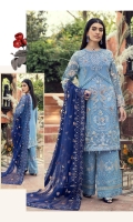 EMBROIDERED CHIFFON FRONT WITH H.M WORK                                              1 YDS  EMBROIDERED CHIFFON BACK                                                                                1 YDS  EMBROIDERED CHIFFON SLEEVES WITH CRYSTAL STONE WORK                    0.67 YDS  EMBROIDERED SLEEVE LACE                                                                                  1 YDS  EMBROIDERED NET DUPATTA                                                                                2.5 YDS  EMBROIDERED GRIP SILK TROUSER                                                                    2.5 YDS