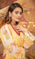 Dyed Schiffli Embroidered Lawn Shirt Front 1.20 yards Digital Printed Lawn Shirt Back & Sleeve 1.90 yards Digital Printed Bamber Chiffon Dupatta 2.75 yards Dyed Cambric Trouser 2.65 yards Embroidered Border on Tissue – 30” 01 piece Embroidered Neck Motif on Tissue 01 piece