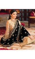 Hand-embellished, embroidered & sequined gold zari net center panel Embroidered & sequined gold zari net side panels Embroidered & sequined gold zari net sleeves Embroidered & sequined gold zari net back Embroidered & sequined black velvet shawl Adda-worked, embroidered & sequined gold zari neckline patch Embroidered & sequined gold zari net border for front Embroidered & sequined gold zari net border for back Embroidered & sequined gold zari net border for sleeves Dyed gold jaamawaar trouser Dyed inner shirt lining