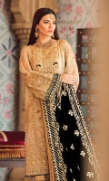 Hand-embellished, embroidered & sequined gold zari net center panel Embroidered & sequined gold zari net side panels Embroidered & sequined gold zari net sleeves Embroidered & sequined gold zari net back Embroidered & sequined black velvet shawl Adda-worked, embroidered & sequined gold zari neckline patch Embroidered & sequined gold zari net border for front Embroidered & sequined gold zari net border for back Embroidered & sequined gold zari net border for sleeves Dyed gold jaamawaar trouser Dyed inner shirt lining