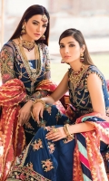 Embroidered & sequined net front bodice Embroidered & sequined net back bodice Embroidered & sequined net sleeves Adda-worked, embroidered & sequined net front panel Embroidered & sequined net side panel Embroidered & sequined net back panel Dyed gold zari organza dupatta Embroidered & sequined organza pallu for dupatta Embroidered & sequined net border for front panel Embroidered & sequined net border for back panel Embroidered & sequined border for front bodice Embroidered & sequined net motif for sleeves Dyed raw silk trouser Dyed inner shirt lining