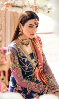 Embroidered & sequined net front bodice Embroidered & sequined net back bodice Embroidered & sequined net sleeves Adda-worked, embroidered & sequined net front panel Embroidered & sequined net side panel Embroidered & sequined net back panel Dyed gold zari organza dupatta Embroidered & sequined organza pallu for dupatta Embroidered & sequined net border for front panel Embroidered & sequined net border for back panel Embroidered & sequined border for front bodice Embroidered & sequined net motif for sleeves Dyed raw silk trouser Dyed inner shirt lining
