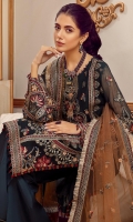 Embroidered Chiffon Front   0.8 MTR Embroidered Chiffon Back    0.8 MTR Embroidered Chiffon Sleeves    0.66 MTR Embroidered Net Dupatta    2.5 Yard Dyed Raw Silk Trouser    2.5 Yard Embroidered Border1 For Front   0.8 MTR Embroidered Border2 For Front   0.8 MTR Embroidered Border For Back    0.8 MTR Embroidered Border For Sleeves   1 MTR 